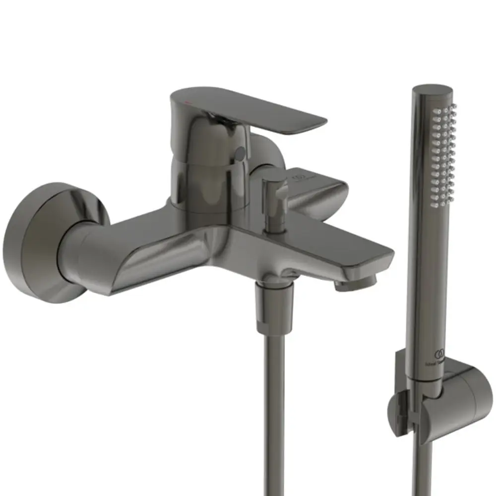 Mischbatterie von Ideal Standard mit Handbrause, montiert an der Wand, in einem modernen, grauen Design. Die Steuerung erfolgt über einen Hebel auf der Oberseite.